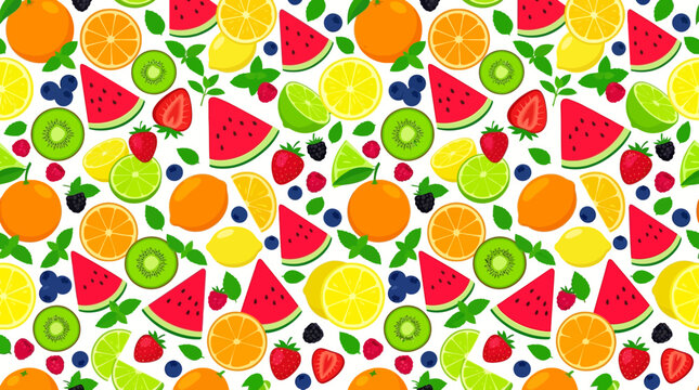 Vibrant Fruit Pattern: Watermelon, Strawberry, Kiwi, Orange, Lemon, Blueberry