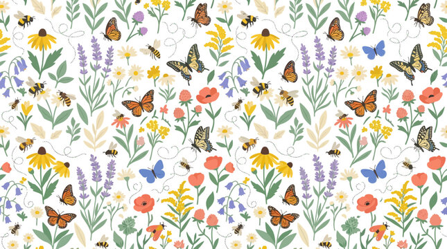 Vibrant Garden Pattern: Butterflies, Bees, and Wildflowers Seamless Repeat