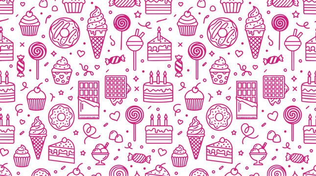 Seamless pattern with pink sweets and desserts