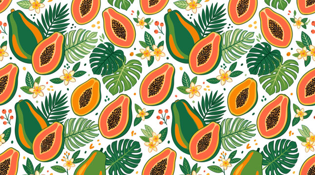 Vibrant Papaya Fruit and Tropical Leaves Seamless Pattern