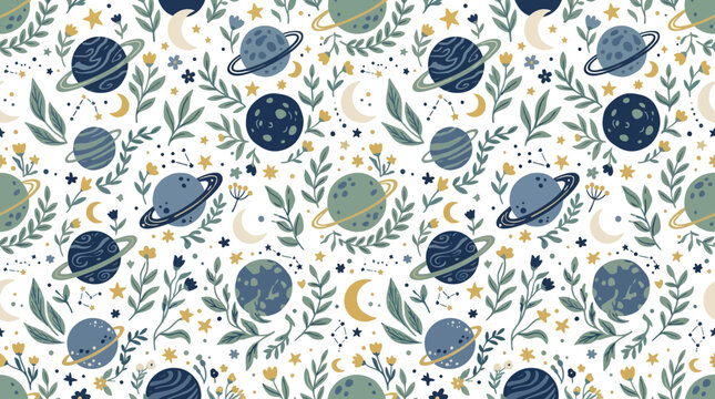 Whimsical Space Pattern: Planets, Moons, Stars, and Botanical Elements