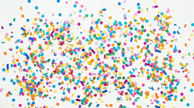 Joyful child's birthday celebration. Brightly colored confetti pieces are scattered randomly across a white surface.