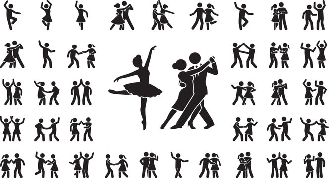 Dance silhouettes set of ballet dancer ballerina tango salsa waltz ballroom swing couple figures and dancing partners performing varied poses steps routine and choreography acts