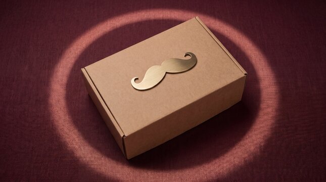 charity awareness campaigns, a kraft box featuring a metallic moustache emblem is illuminated softly