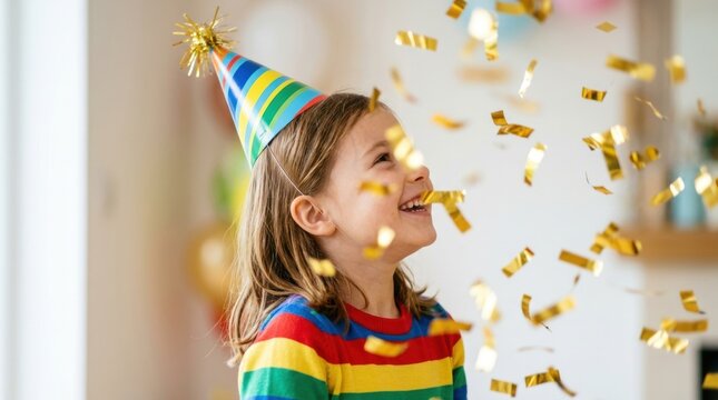 Joyful child's birthday celebration. A young child wearing a colorful striped party hat looks up with a bright, happy smile.