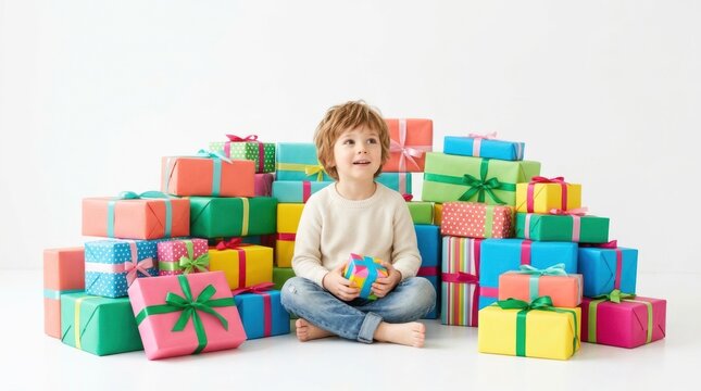 Joyful child's birthday celebration. A happy child sits smiling behind a massive wall of brightly wrapped present boxes.