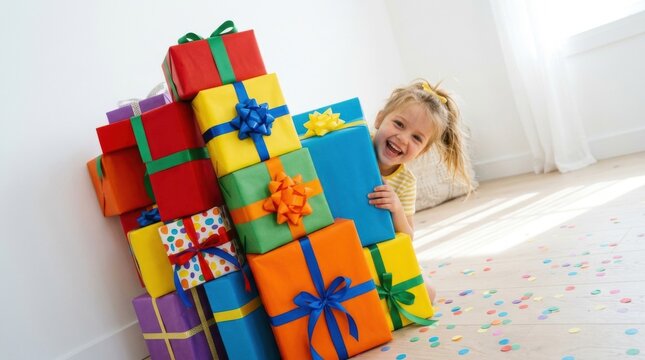Joyful child's birthday celebration. A child playfully peeks out from behind a tall, precarious stack of colorful wrapped gifts.