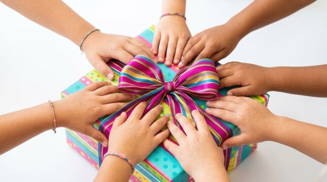 Joyful child's birthday celebration. A group of children eagerly reach their hands toward a single, beautifully wrapped gift.
