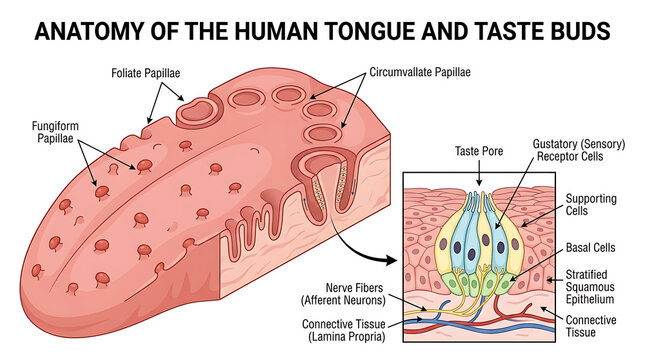 Detailed anatomical illustration of the human tongue showing taste buds and various papillae structures