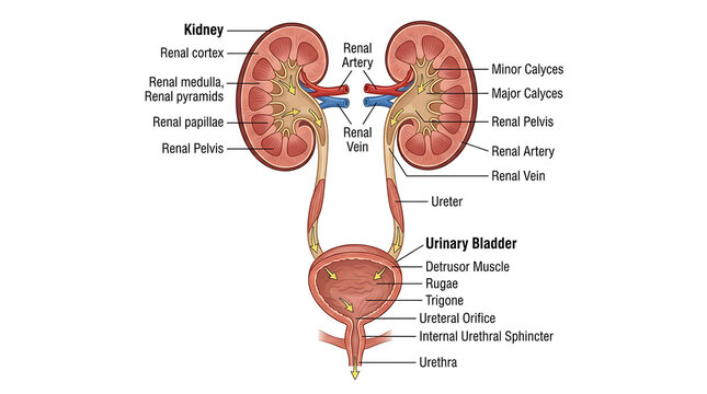 Detailed anatomical illustration of the human urinary system showing kidneys, ureters, bladder and urethra