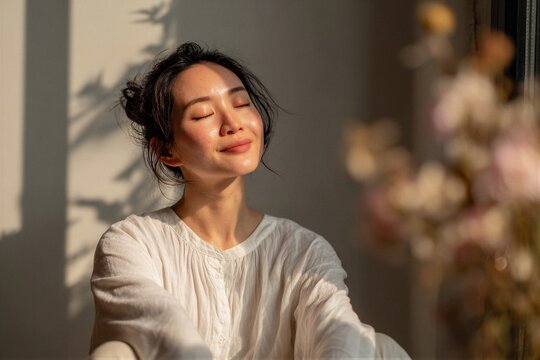 Woman meditates in a bright room with soft sunlight and nature hints around her