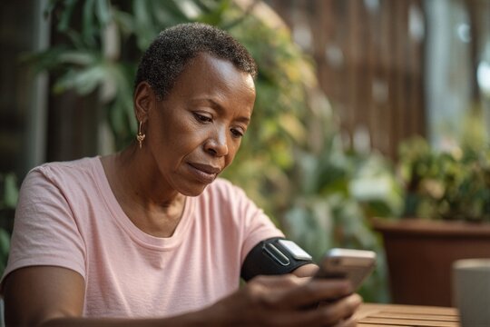 Woman checks health metrics on smartphone while seated at a table in a bright environment