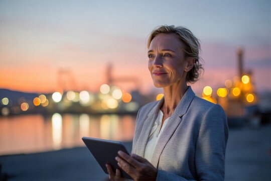 Woman stands in front of oil production site at sunset while holding a tablet