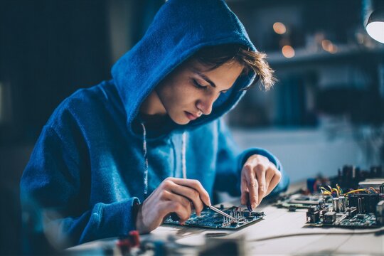 Young adult assembles computer components with focus and skill in a well-lit workspace