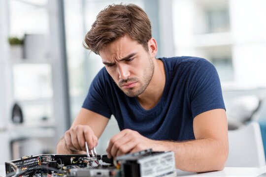 Young adult man repairs desktop computer in home office with clean and simple design