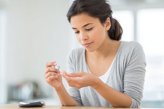 Young woman of Hispanic descent uses injector for blood test in focused care setting