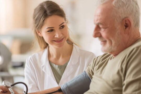 Young adult woman measures blood pressure for older adult man in clinical setting