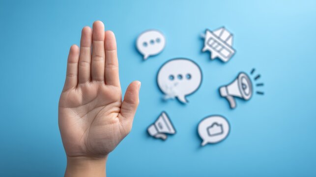 Human hand shows stop gesture with speech bubbles and megaphone icons behind it