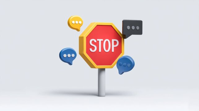 Stop sign blocks muted speech icons with censorship symbols in a digital context