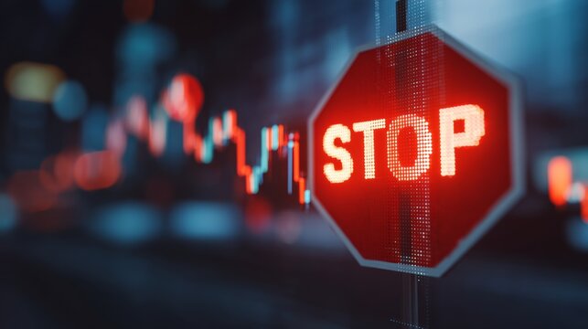 Stop sign halts extreme volatility in financial market charts in urban setting