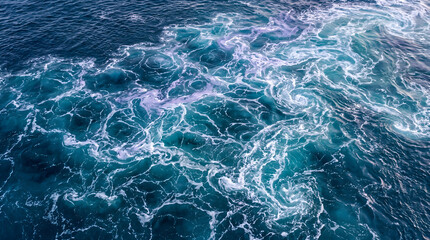 Fototapeta premium Dynamic Aerial View of Powerful Ocean Currents and Foaming Whirlpools, Creating Intricate Blue and White Water Patterns, Illustrating the Raw Force of Nature