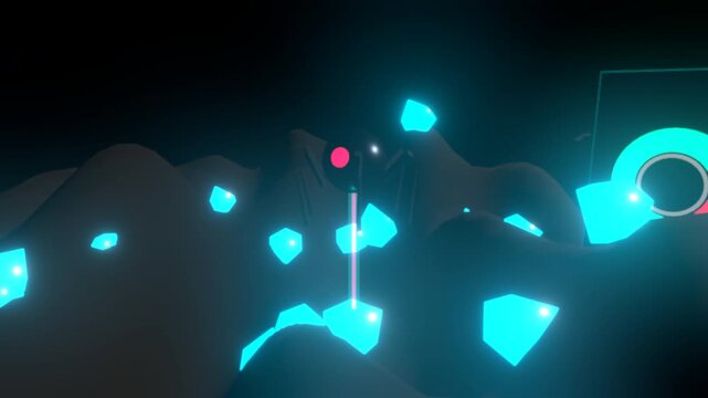 Glowing Geometric Particles: A simple animation of luminous cyan geometric cubes and small red dots floating upwards against a dark background