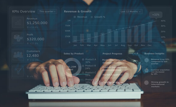 Hands typing on keyboard with central AI analysis process mapping documents images sensor data to insights and reports