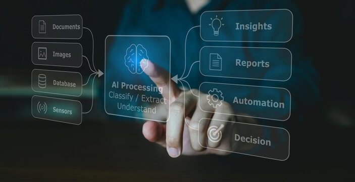 Person touching virtual AI processing brain icon with connected data sources and business reports