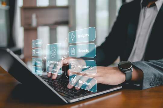 Business person using laptop with virtual AI machine learning workflow and data insights display