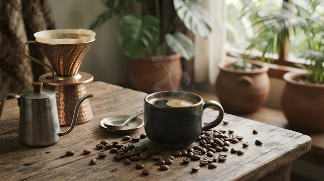 Hot Indonesian Specialty Coffee Cup with Dripper and Beans on Rustic Table