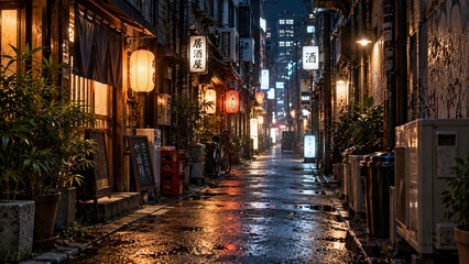 Fototapeta premium Japanese Street Food with Atmospheric Night Lantern Light and Izakaya 
