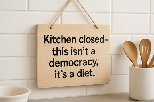 Wooden sign featuring a humorous quote about dieting, hanging in a sleek, modern kitchen with minimalistic design elements, AI generated