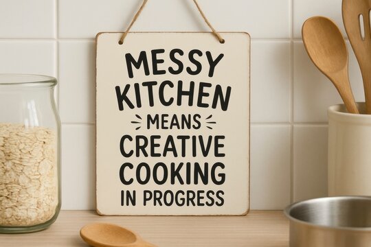 Wooden sign with the funny quote messy kitchen means creative cooking in progress hanging in a modern kitchen, AI generated