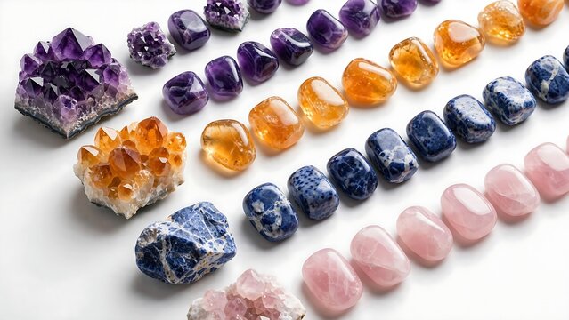 Gemstone Crystal Collection Arranged In Diagonal Rows On White Background