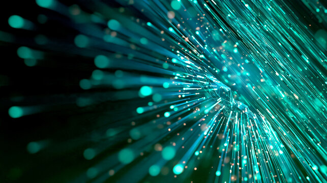 Streams of glowing teal light converging in dark space / AI technology background

