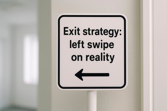Sign pointing left with text Exit strategy, left swipe on reality, suggesting a way to escape problems, AI generated