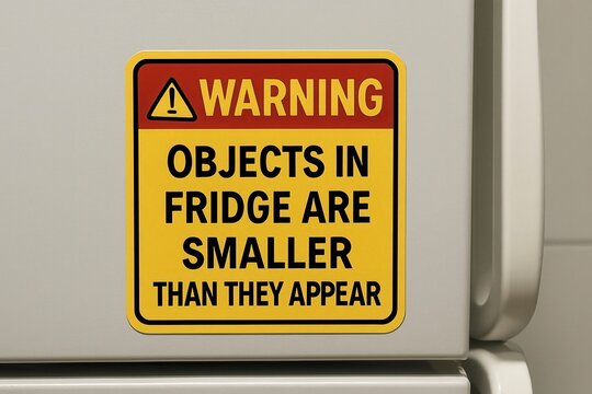 Yellow warning sign affixed to a refrigerator door humorously indicating that objects inside may look larger, creating an amusing optical illusion, AI generated