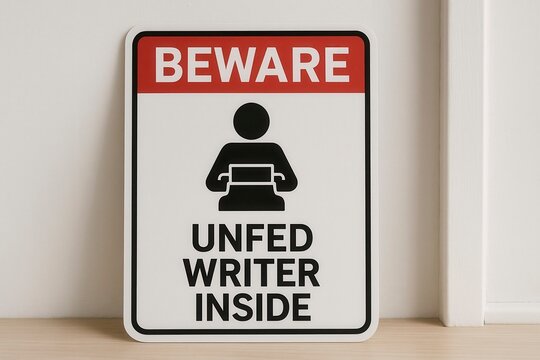 Funny sign featuring a stylized writer typing on a typewriter keyboard, humorously warning about the dangers of being unfed while working, AI generated