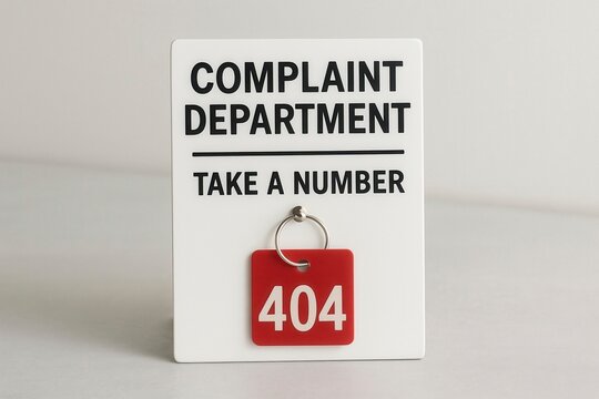Displaying a complaint department sign featuring ticket number 404, highlighting a common website error and customer service issue, AI generated