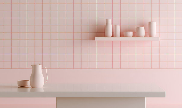 A realistic 3D scene of a pink kitchen or bathroom, featuring a white table and tile background. A shelf is included for product display