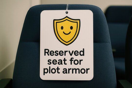Plot armor concept featuring a reserved seat sign hanging from a blue chair, blending humor and irony in storytelling and fiction, AI generated