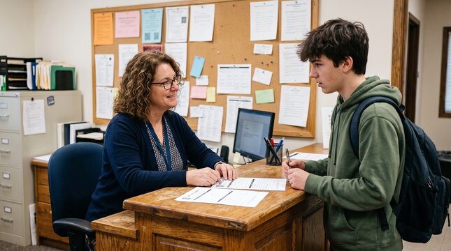 School administrator assists student with paperwork at reception desk