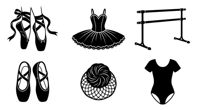 Ballet Dance Equipment Icons Black Silhouette Vector Illustration