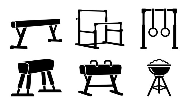 Gymnastics Equipment Icons Set Vector Silhouette