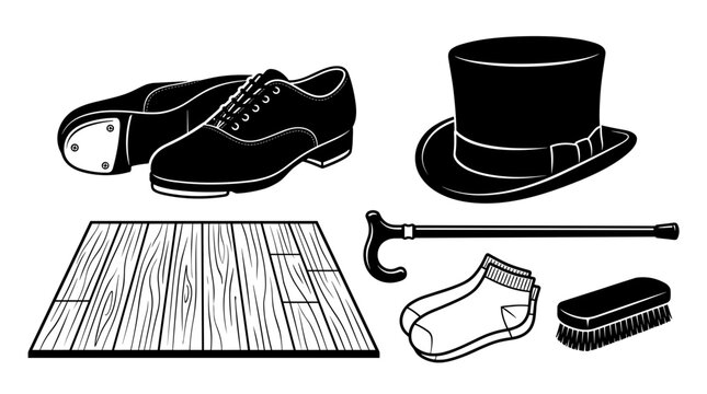 Tap Dance Performance Elements Including Shoes Hat Cane Floor Brush and Socks