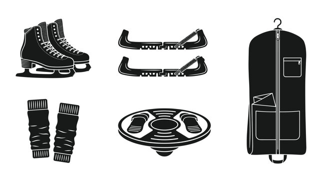 Ice Skating Equipment and Accessories Collection Black and White Icons