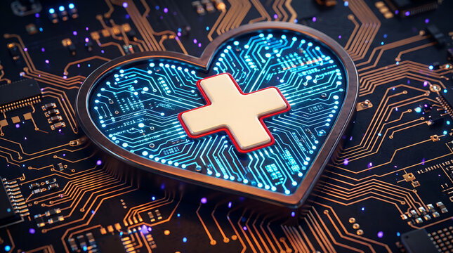 Digital Heart Health Concept Featuring a Glowing Medical Cross Symbol on a Sophisticated Circuit Board Integrated Technology Background