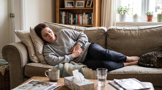 A sick woman lying on the couch in her living room holding her stomach in pain feeling unwell with a cold or flu at home