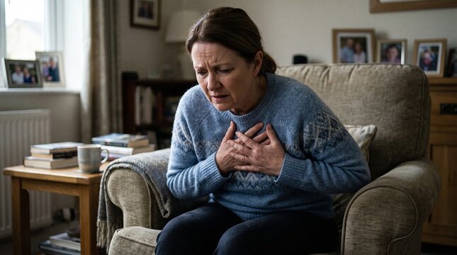 Sad woman sitting in a living room holding her chest while feeling sudden pain and health distress at home
