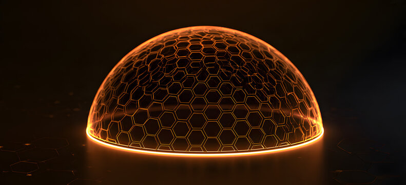 A cutting-edge, vibrant orange, holographic dome shield with wispy, glowing edges and a hexagonal design on a dark background, serving as a protective energy barrier for data security. Vector illustra